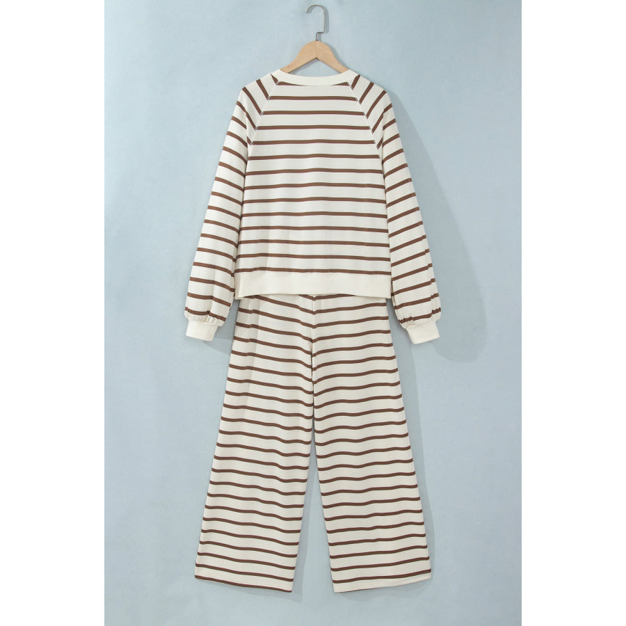Khaki Stripe Relaxed Long Sleeve Top Color Block Detail Drawstring Pant Set Two Piece Sets/Pant Sets