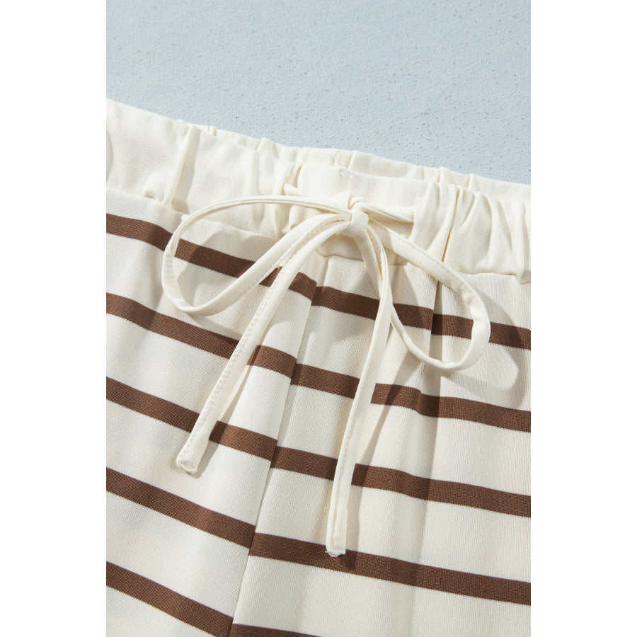 Khaki Stripe Relaxed Long Sleeve Top Color Block Detail Drawstring Pant Set Two Piece Sets/Pant Sets