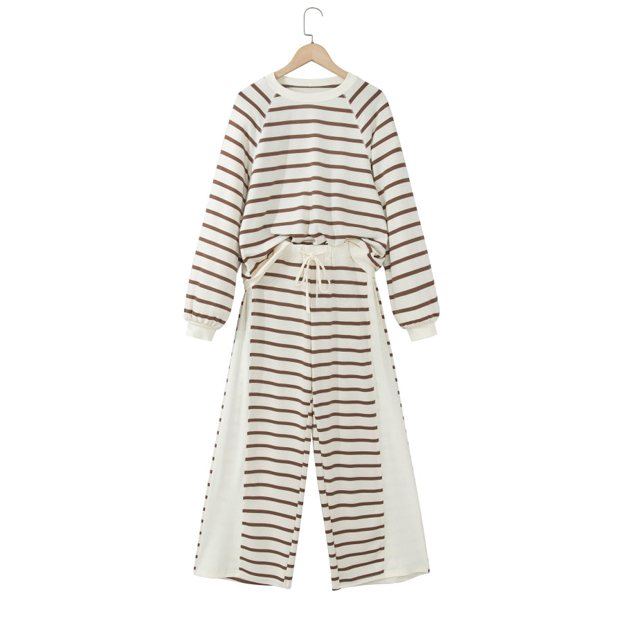 Khaki Stripe Relaxed Long Sleeve Top Color Block Detail Drawstring Pant Set Two Piece Sets/Pant Sets