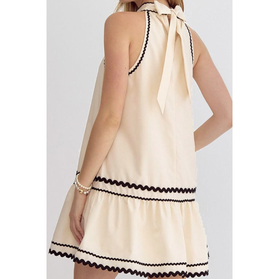Khaki Stripe Ric Rac Trim Halter A-line Sleeveless Mini Dress Khaki Stripe / S / 100% Cotton Dresses/Mini Dresses