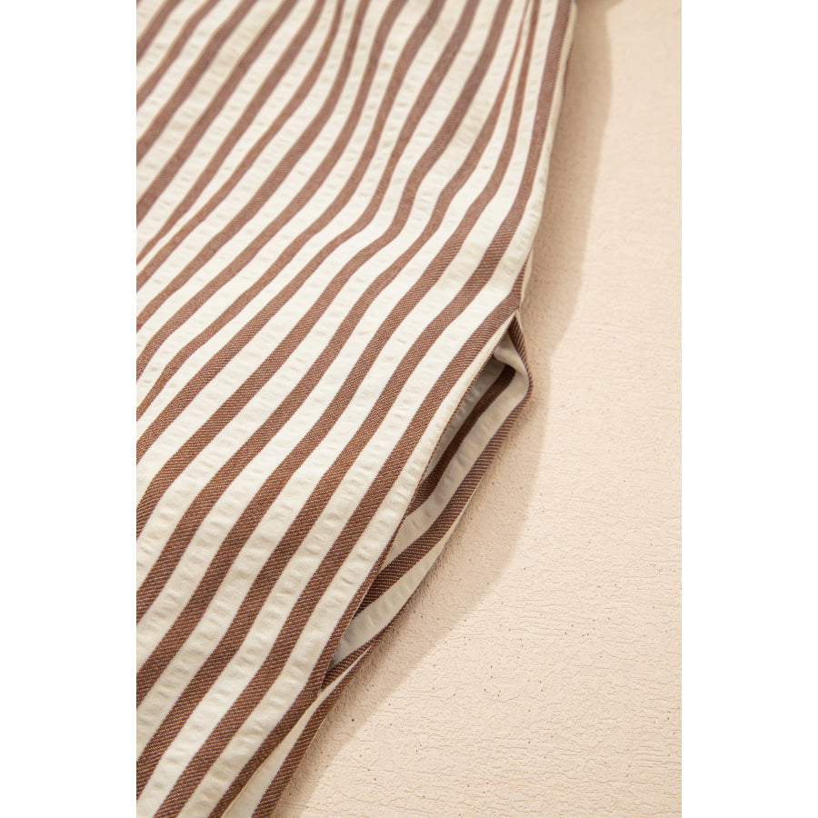 Khaki Stripe Square Button Leopard Trim Loose Bracelet Sleeve Shirt Dress Dresses/Mini Dresses