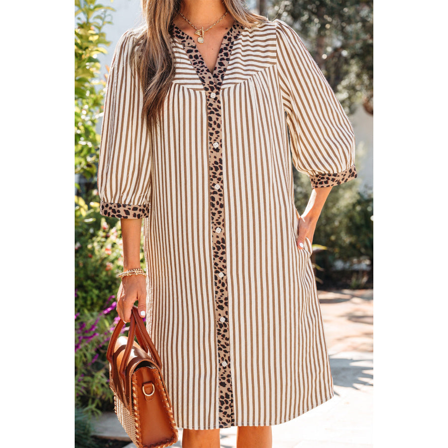 Khaki Stripe Square Button Leopard Trim Loose Bracelet Sleeve Shirt Dress Dresses/Mini Dresses