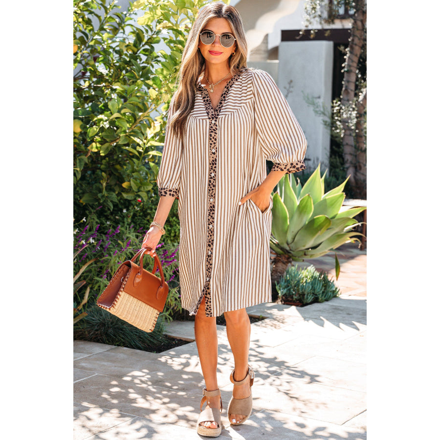 Khaki Stripe Square Button Leopard Trim Loose Bracelet Sleeve Shirt Dress Dresses/Mini Dresses