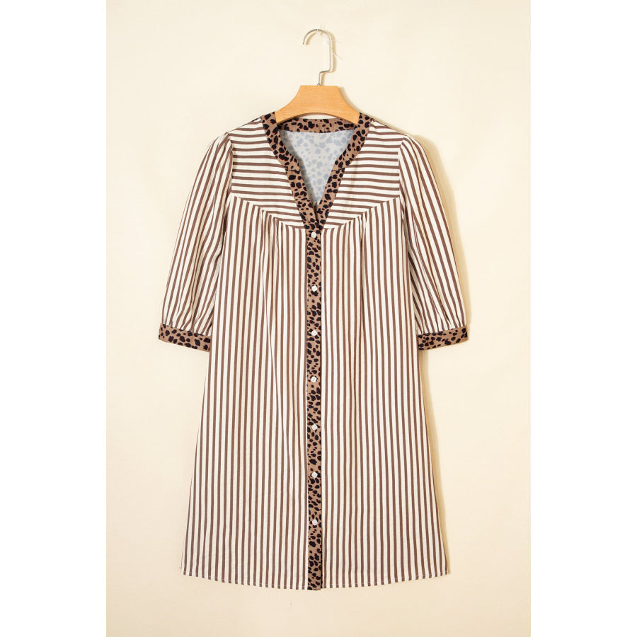 Khaki Stripe Square Button Leopard Trim Loose Bracelet Sleeve Shirt Dress Dresses/Mini Dresses