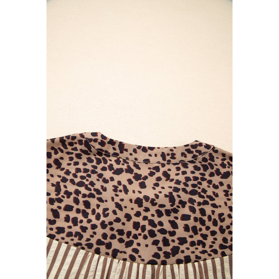 Khaki Stripe Square Button Leopard Trim Loose Bracelet Sleeve Shirt Dress Dresses/Mini Dresses