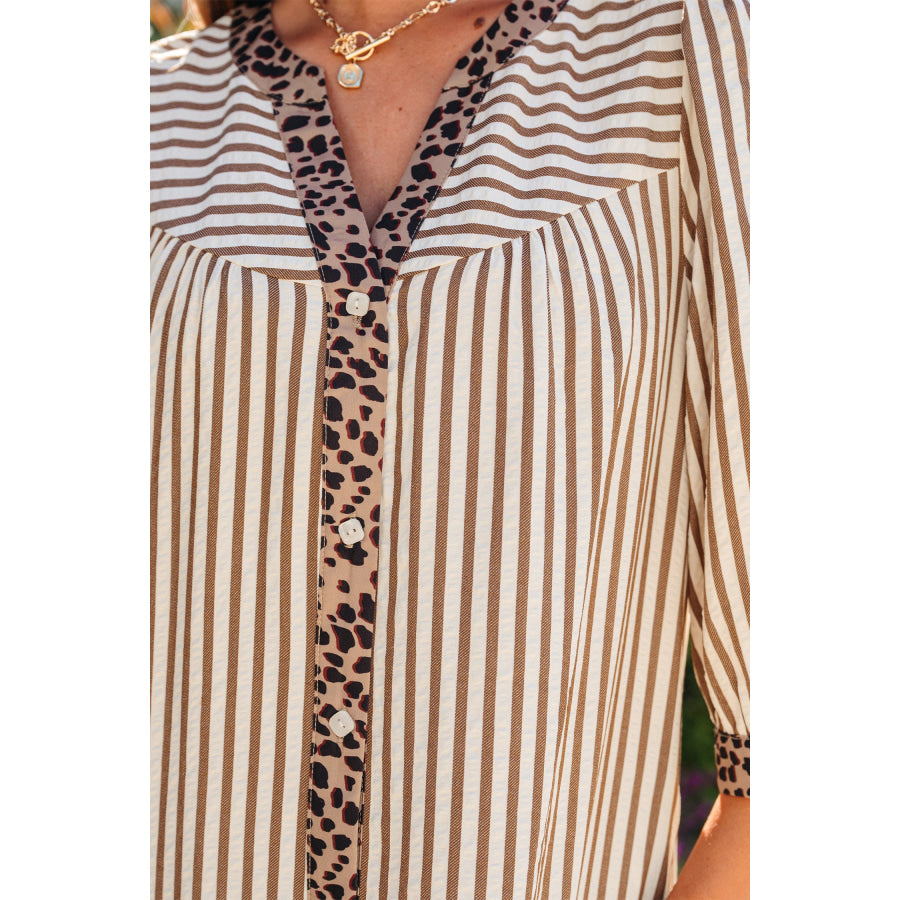 Khaki Stripe Square Button Leopard Trim Loose Bracelet Sleeve Shirt Dress Dresses/Mini Dresses
