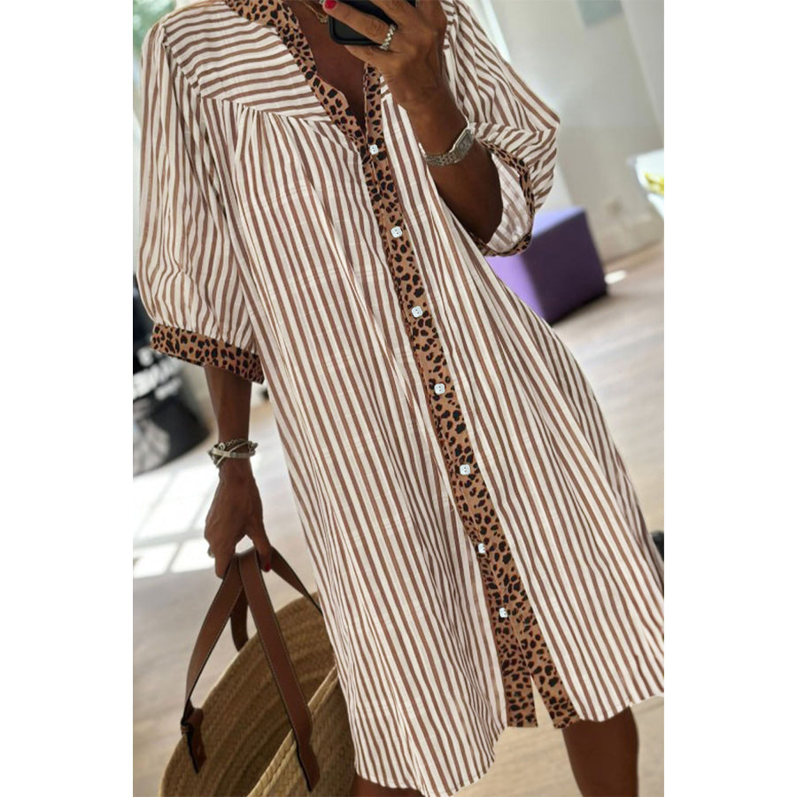 Khaki Stripe Square Button Leopard Trim Loose Bracelet Sleeve Shirt Dress Dresses/Mini Dresses