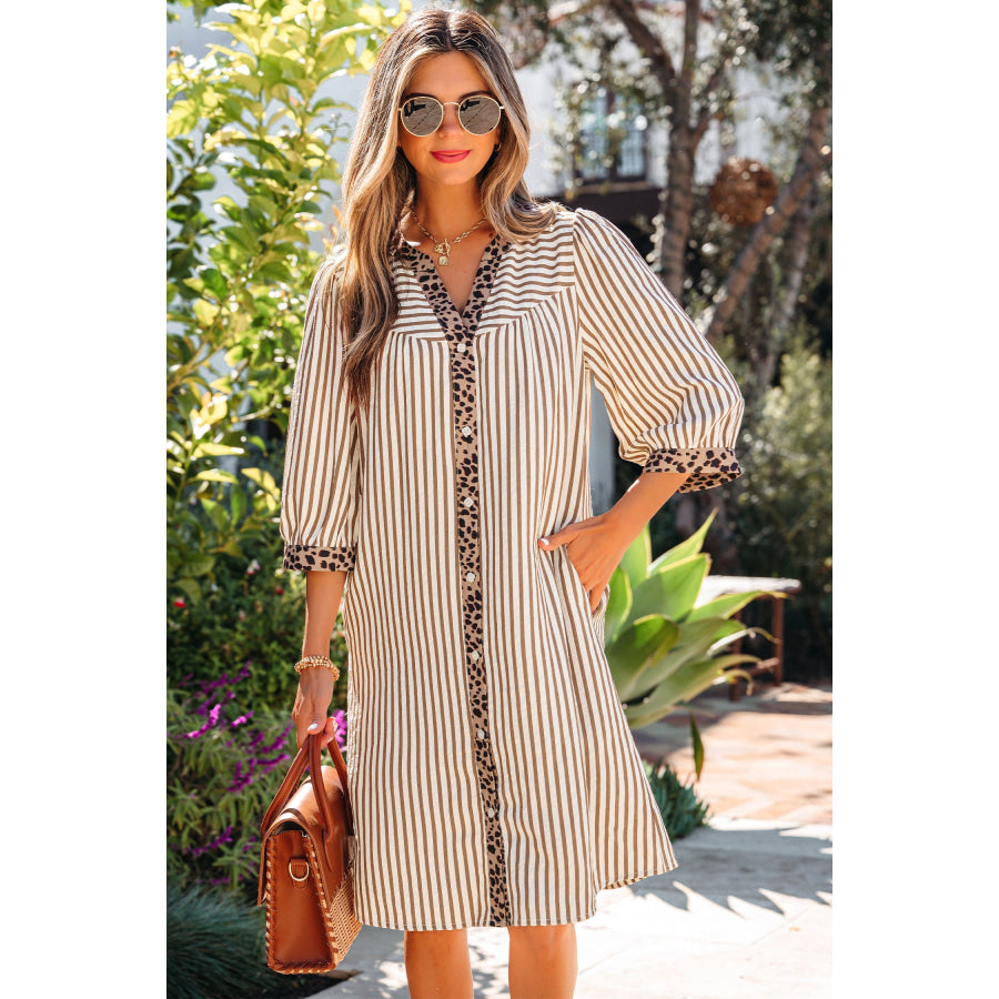 Khaki Stripe Square Button Leopard Trim Loose Bracelet Sleeve Shirt Dress Dresses/Mini Dresses