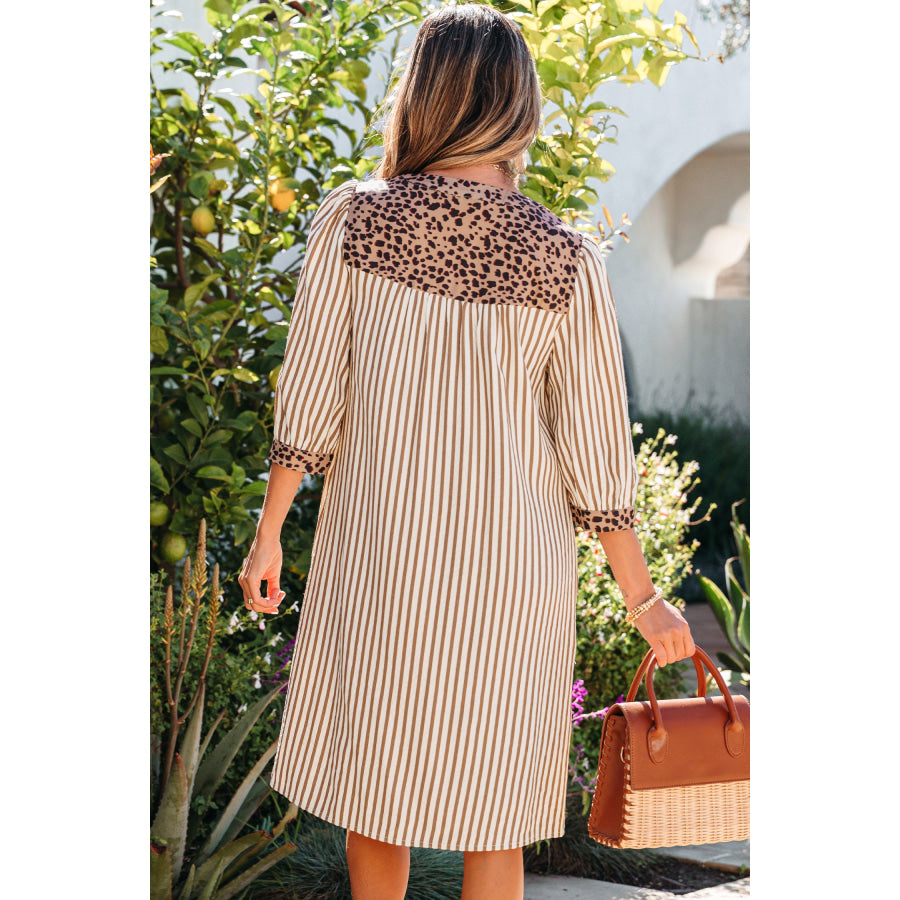 Khaki Stripe Square Button Leopard Trim Loose Bracelet Sleeve Shirt Dress Dresses/Mini Dresses