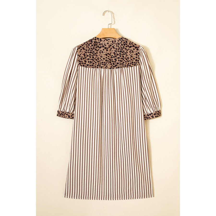 Khaki Stripe Square Button Leopard Trim Loose Bracelet Sleeve Shirt Dress Dresses/Mini Dresses