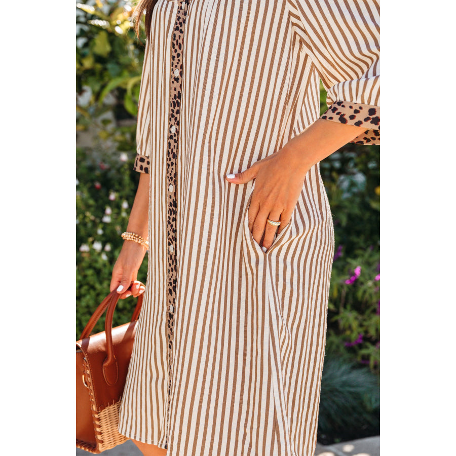 Khaki Stripe Square Button Leopard Trim Loose Bracelet Sleeve Shirt Dress Dresses/Mini Dresses