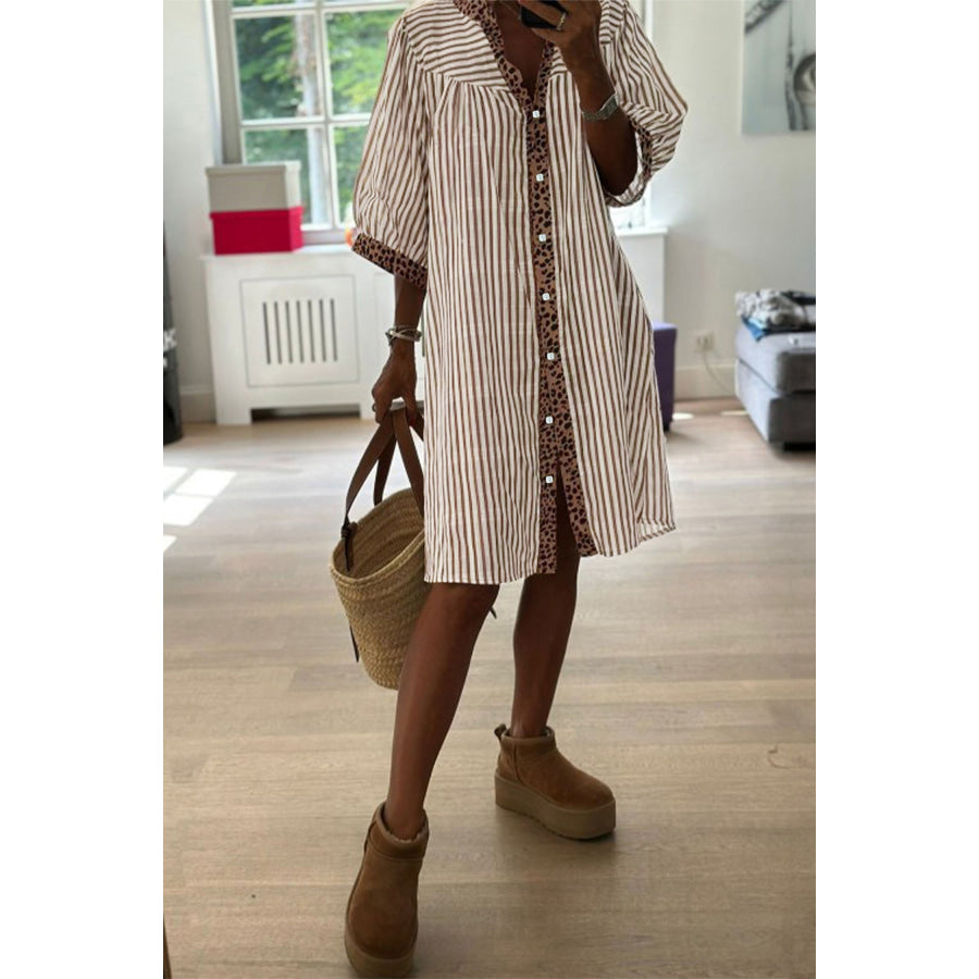 Khaki Stripe Square Button Leopard Trim Loose Bracelet Sleeve Shirt Dress Khaki Stripe / S / 50% Polyester + 50% Viscose Dresses/Mini