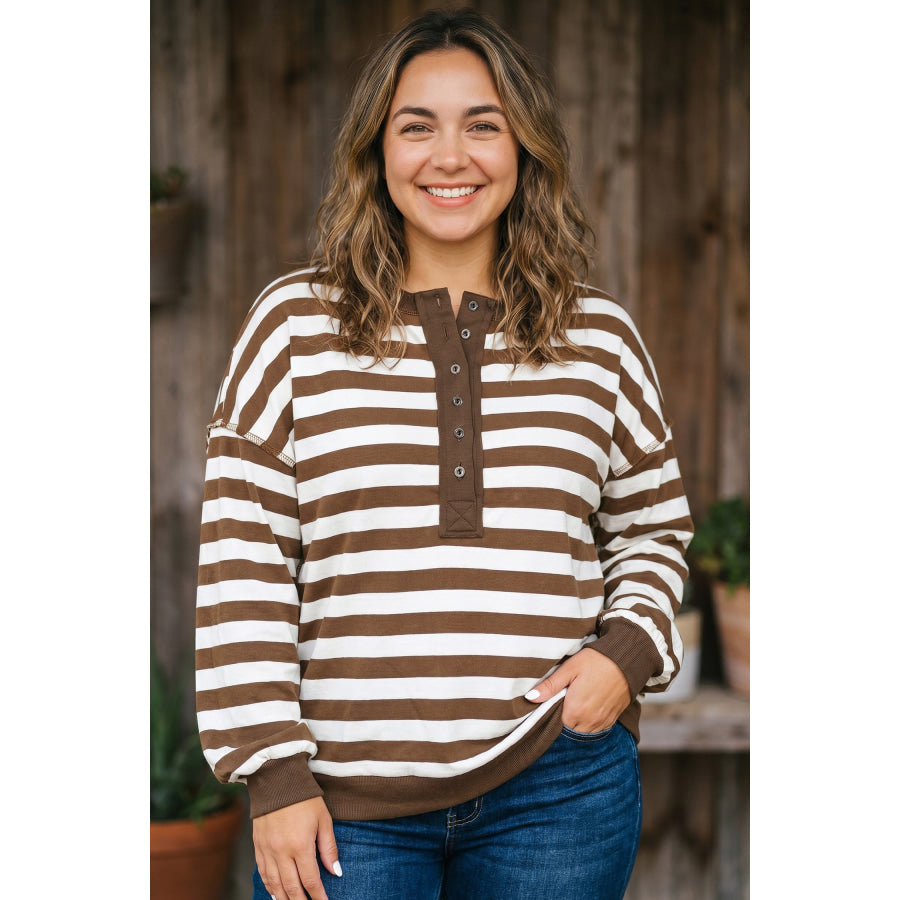 Khaki Stripe Striped V-Neck Button Tunic Ribbed Cuffs Long Sleeve Plus Size Sweatshirt Size/Plus Sweatshirts & Hoodies
