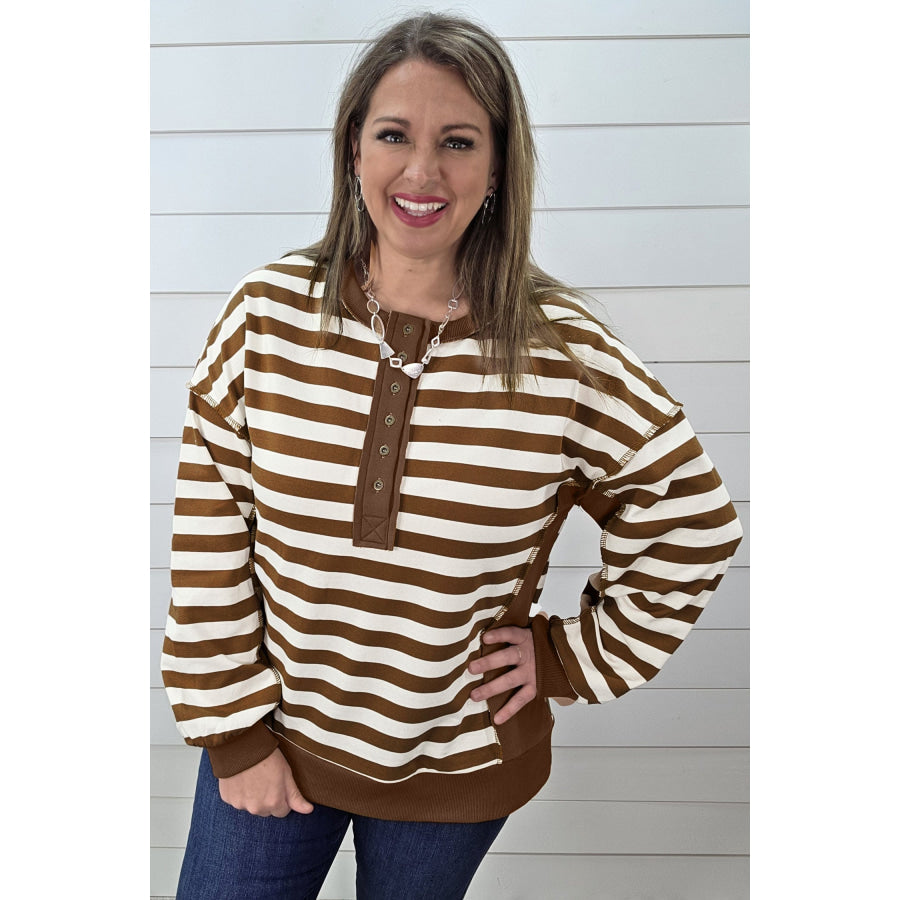 Khaki Stripe Striped V-Neck Button Tunic Ribbed Cuffs Long Sleeve Plus Size Sweatshirt Size/Plus Sweatshirts & Hoodies