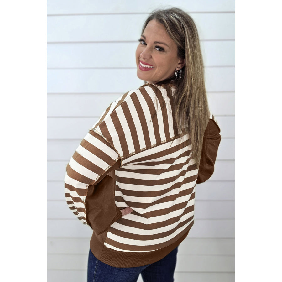 Khaki Stripe Striped V-Neck Button Tunic Ribbed Cuffs Long Sleeve Plus Size Sweatshirt Size/Plus Sweatshirts & Hoodies