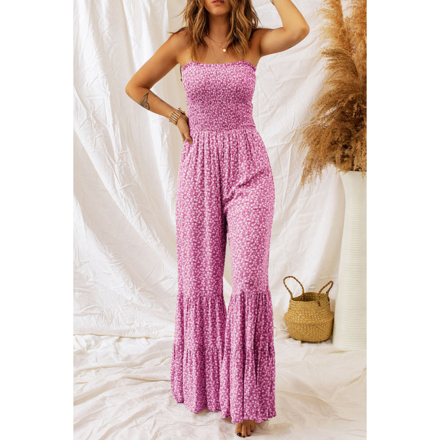 Khaki Thin Straps Smocked Bodice Wide Leg Floral Jumpsuit Phalaenopsis / S / 100% Polyester Bottoms/Jumpsuits &amp; Rompers