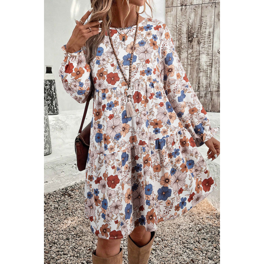 Khaki Tiered Floral Round Neck Ruffled Long Sleeve Dress Khaki / S / 100% Polyester Dresses/Floral Dresses