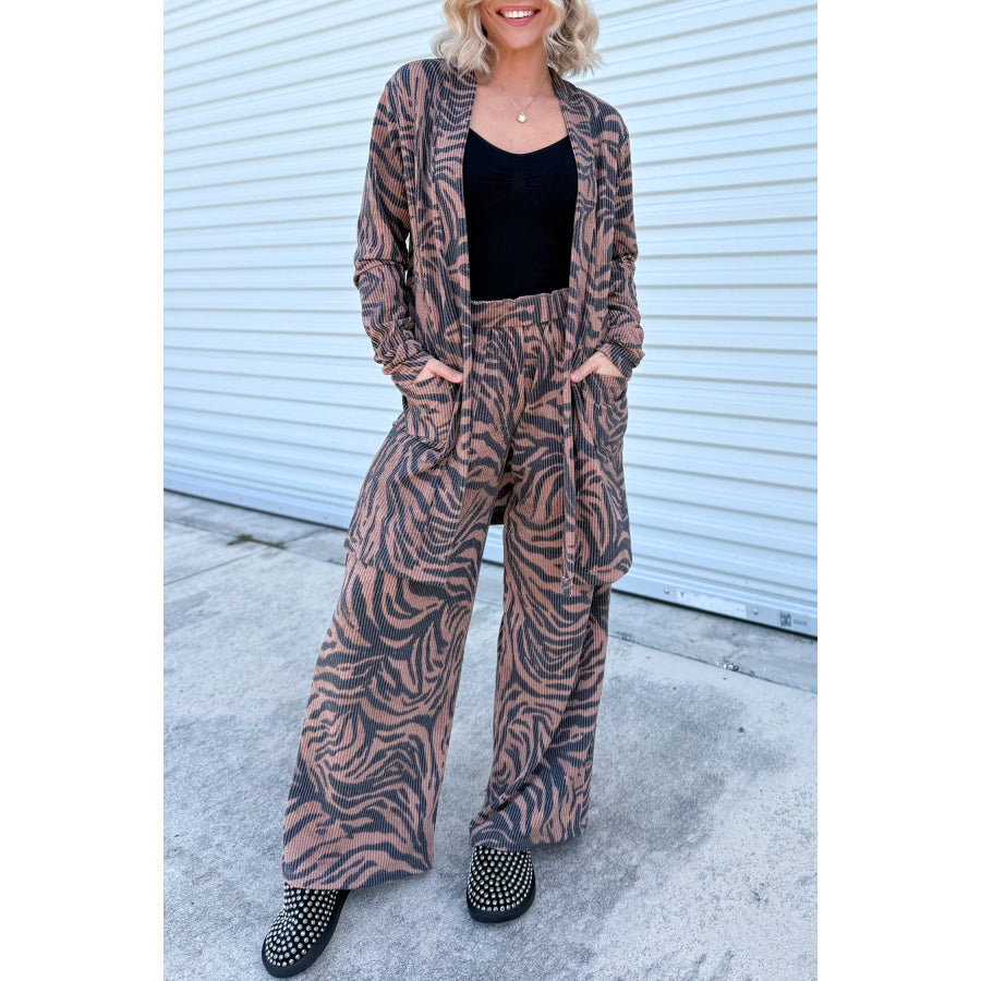 Khaki Twisted Ribbed Zebra Print Open Cardigan Wide Leg Pant Set / S Two Piece Sets/Pant Sets
