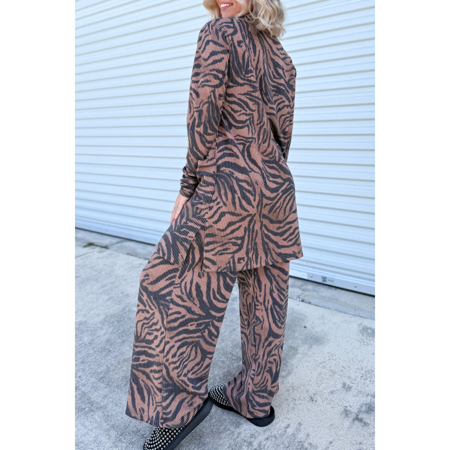 Khaki Twisted Ribbed Zebra Print Open Cardigan Wide Leg Pant Set Two Piece Sets/Pant Sets