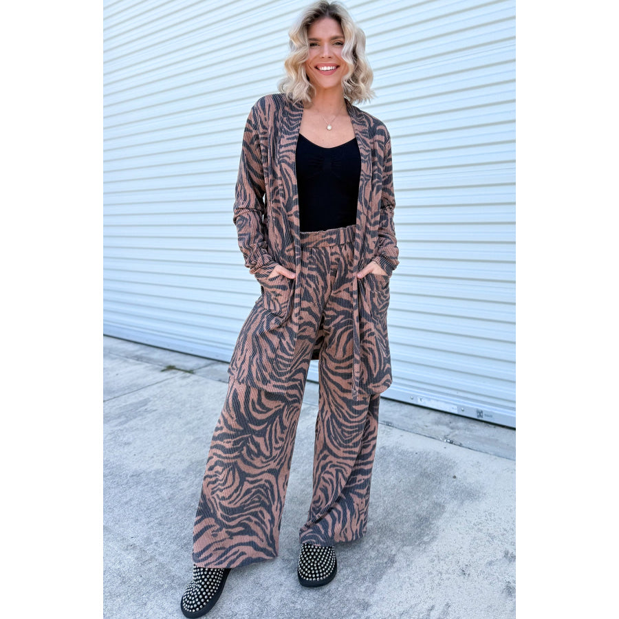 Khaki Twisted Ribbed Zebra Print Open Cardigan Wide Leg Pant Set Two Piece Sets/Pant Sets