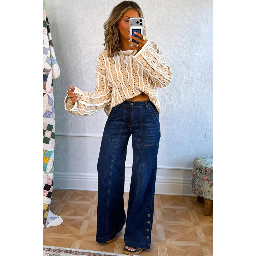 Khaki Wavy Detail Hollow Out Knit Long Sleeve Cotton Pullover Sweater Sweaters & Cardigans/Sweaters