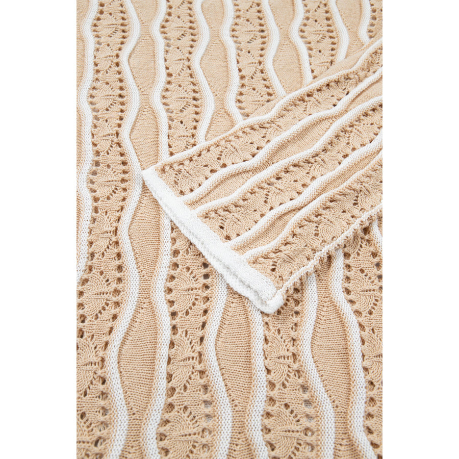 Khaki Wavy Detail Hollow Out Knit Long Sleeve Cotton Pullover Sweater Sweaters & Cardigans/Sweaters