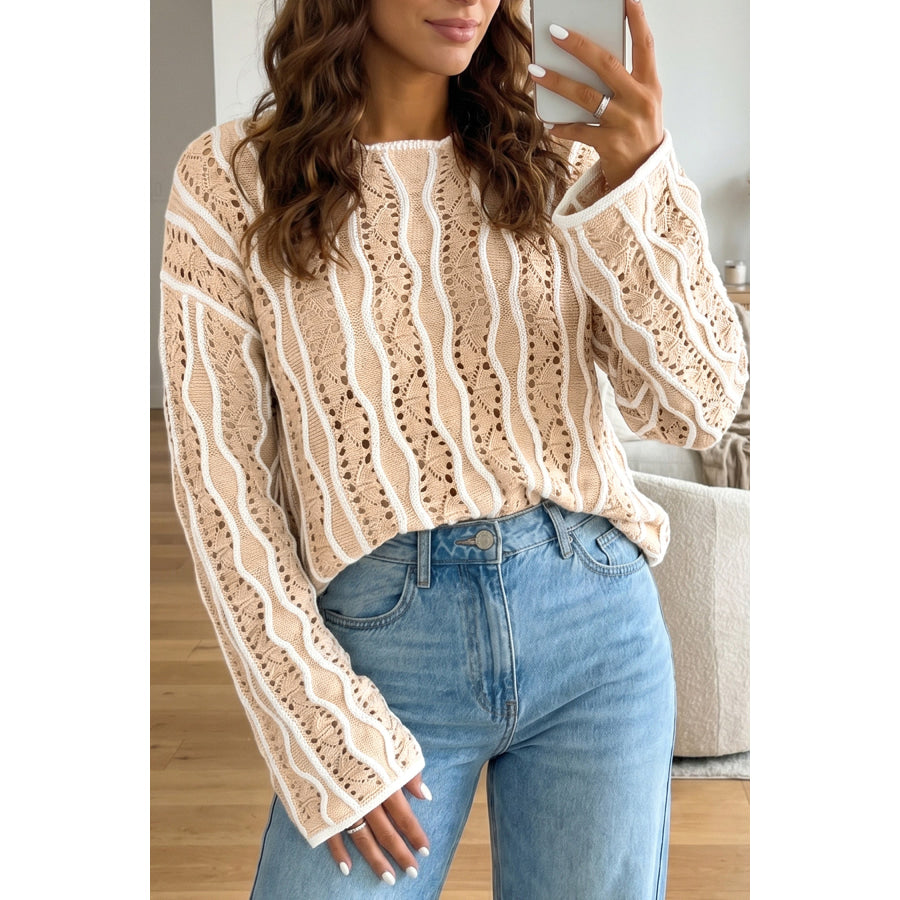 Khaki Wavy Detail Hollow Out Knit Long Sleeve Cotton Pullover Sweater Sweaters & Cardigans/Sweaters