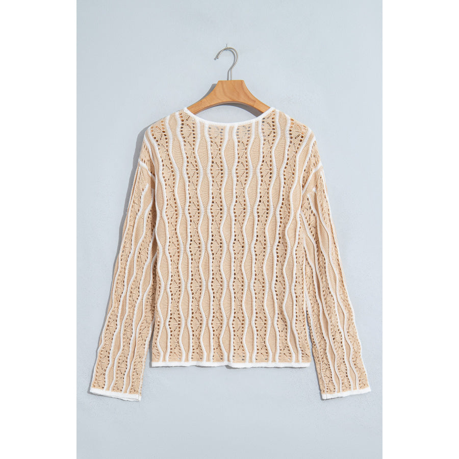 Khaki Wavy Detail Hollow Out Knit Long Sleeve Cotton Pullover Sweater Sweaters & Cardigans/Sweaters