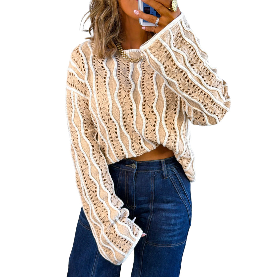 Khaki Wavy Detail Hollow Out Knit Long Sleeve Cotton Pullover Sweater Sweaters & Cardigans/Sweaters