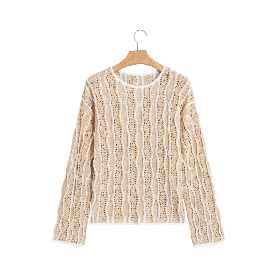 Khaki Wavy Detail Hollow Out Knit Long Sleeve Cotton Pullover Sweater Sweaters & Cardigans/Sweaters