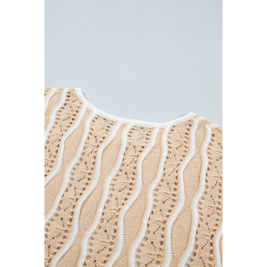 Khaki Wavy Detail Hollow Out Knit Long Sleeve Cotton Pullover Sweater Sweaters & Cardigans/Sweaters