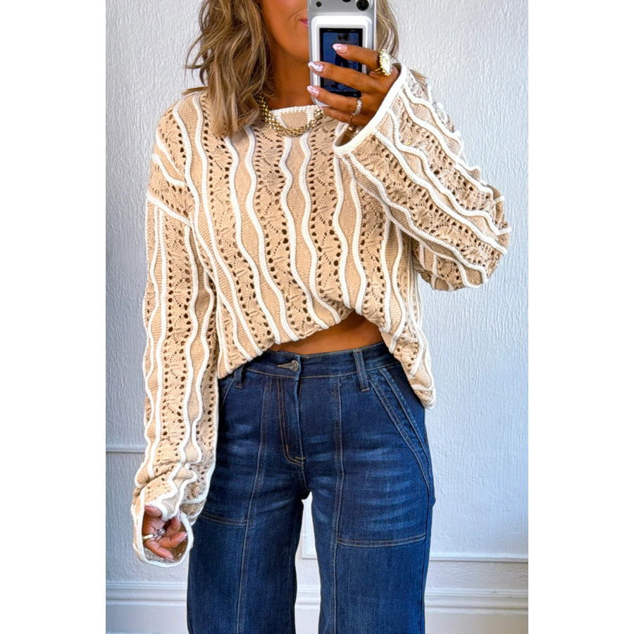 Khaki Wavy Detail Hollow Out Knit Long Sleeve Cotton Pullover Sweater Sweaters & Cardigans/Sweaters