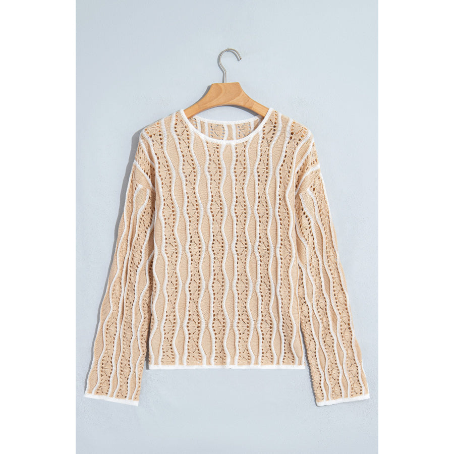 Khaki Wavy Detail Hollow Out Knit Long Sleeve Cotton Pullover Sweater Sweaters & Cardigans/Sweaters