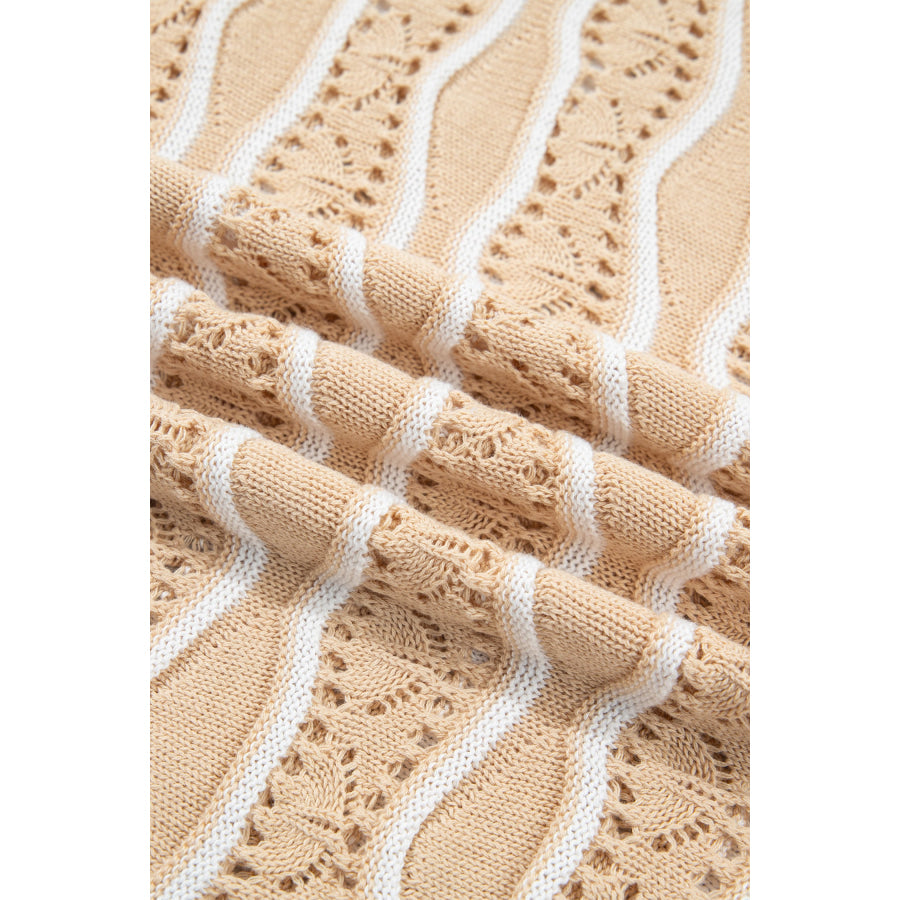 Khaki Wavy Detail Hollow Out Knit Long Sleeve Cotton Pullover Sweater Sweaters & Cardigans/Sweaters
