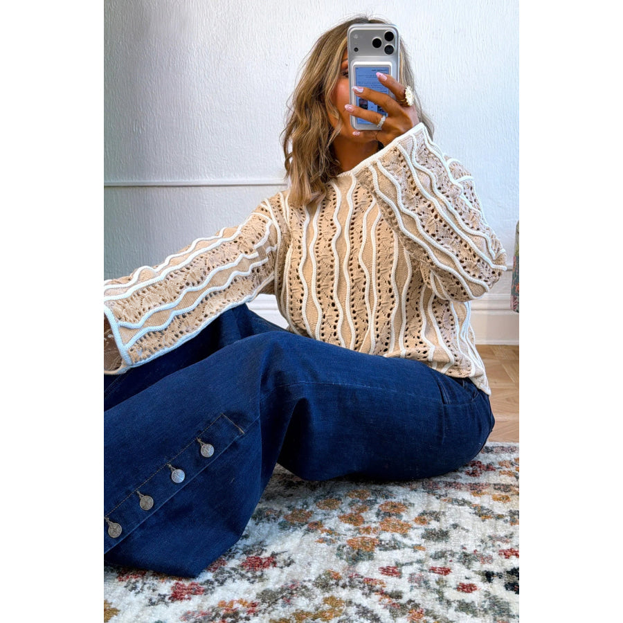 Khaki Wavy Detail Hollow Out Knit Long Sleeve Cotton Pullover Sweater Sweaters & Cardigans/Sweaters