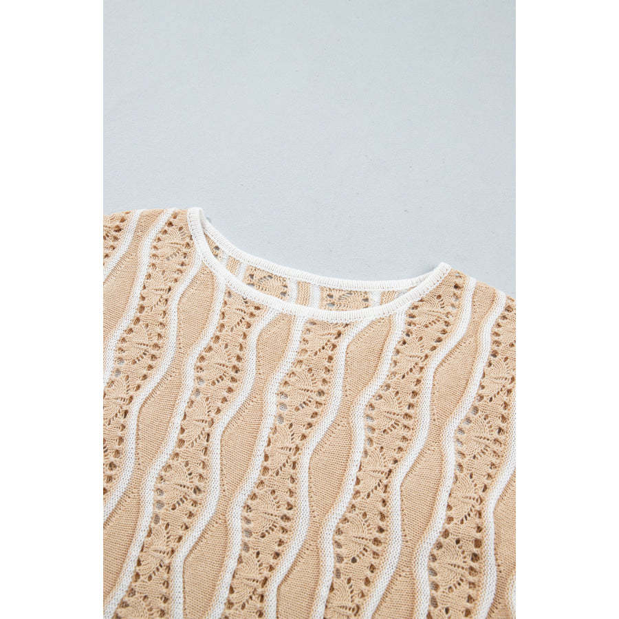 Khaki Wavy Detail Hollow Out Knit Long Sleeve Cotton Pullover Sweater Sweaters & Cardigans/Sweaters