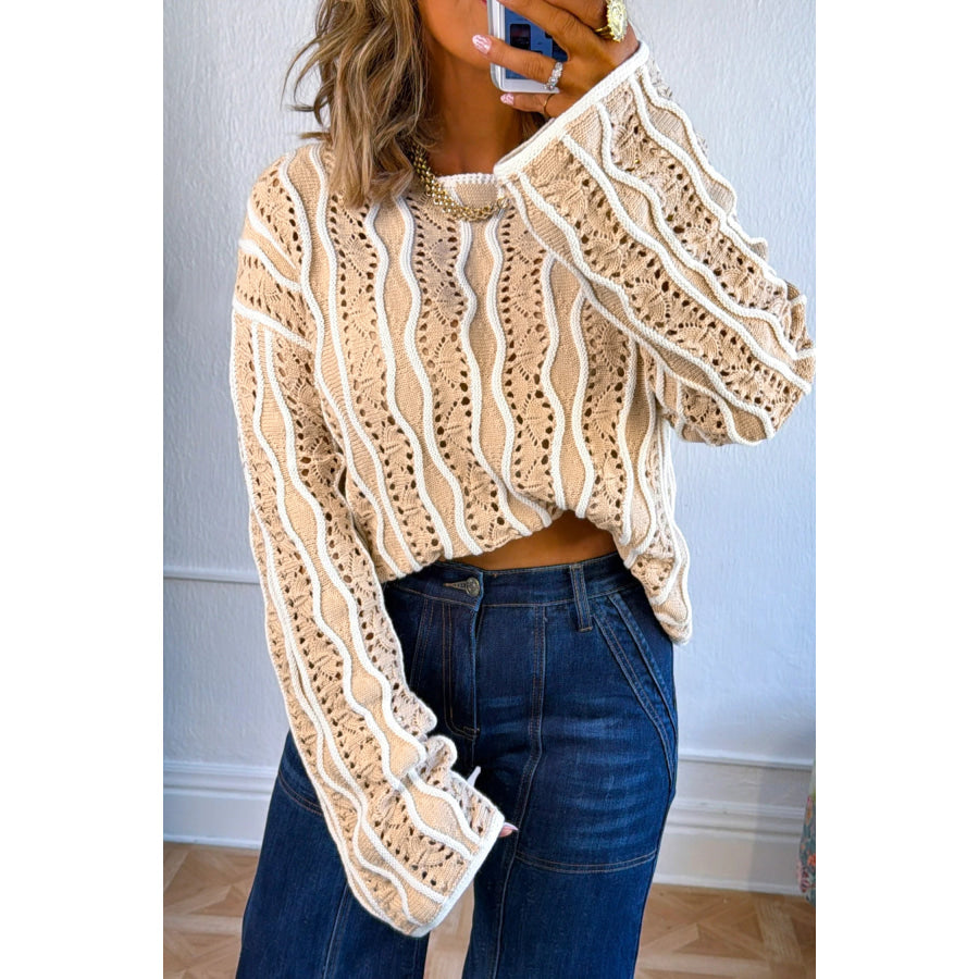 Khaki Wavy Detail Hollow Out Knit Long Sleeve Cotton Pullover Sweater Sweaters & Cardigans/Sweaters