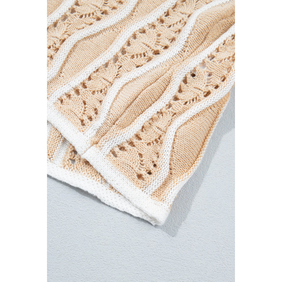 Khaki Wavy Detail Hollow Out Knit Long Sleeve Cotton Pullover Sweater Sweaters & Cardigans/Sweaters