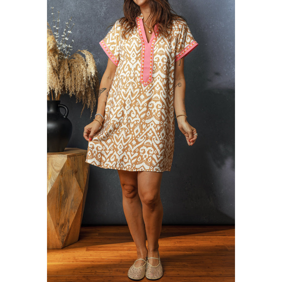 Khaki Western Fashion Print Striped Color Block Patchwork Shift Mini Dress Dresses/Mini Dresses