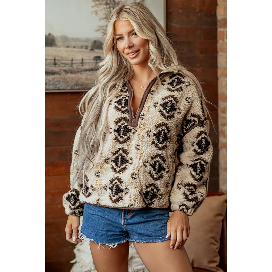 Khaki Western Print Geometric Fleece Pullover Sweatshirt / S / Shell:100% Polyester + Lining:100% Polyester Tops/Sweatshirts & Hoodies
