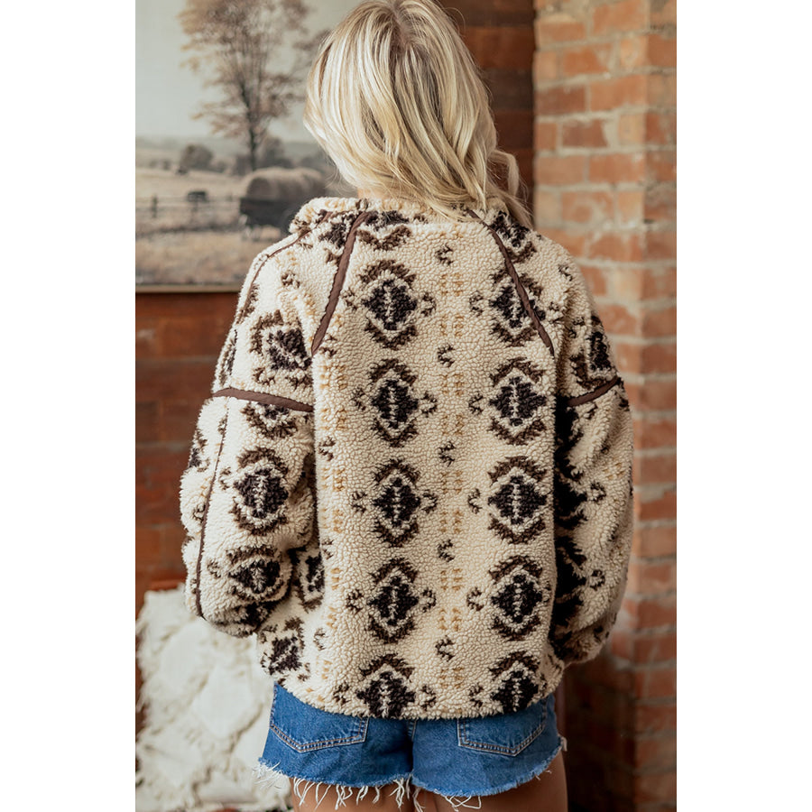 Khaki Western Print Geometric Fleece Pullover Sweatshirt Tops/Sweatshirts & Hoodies