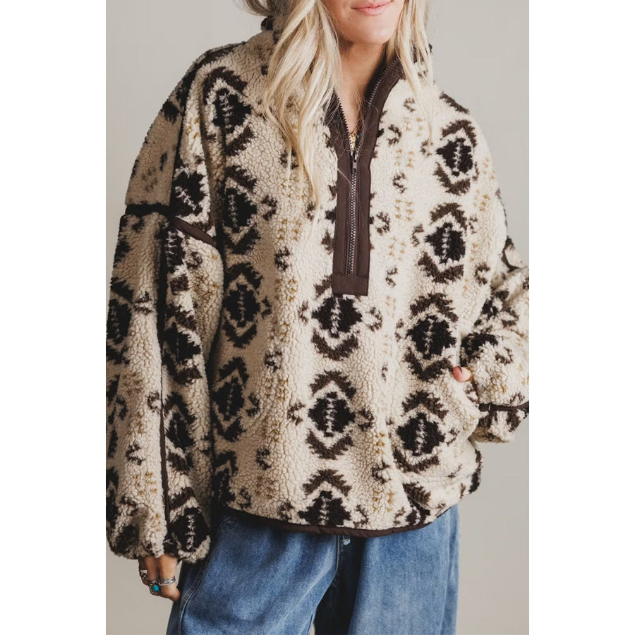 Khaki Western Print Geometric Fleece Pullover Sweatshirt Tops/Sweatshirts & Hoodies