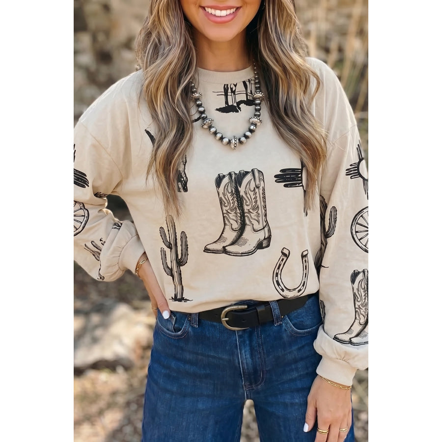 Khaki Western Print Long Sleeve Round Neck Loose Top / S Tops/Long Tops