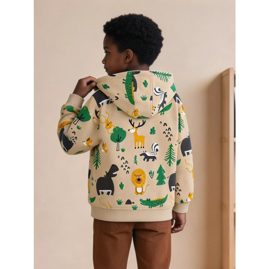Kids’ Forest Animal Print Zip-Up Hooded Jacket Apparel and Accessories