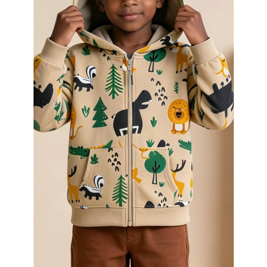 Kids’ Forest Animal Print Zip-Up Hooded Jacket Apparel and Accessories