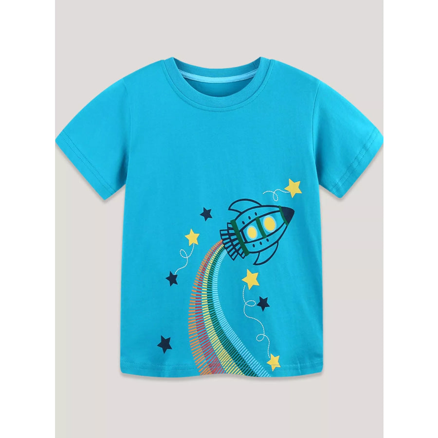 Kids’ Rocket Graphic Round Neck T-Shirt Sky Blue / 2Y Apparel and Accessories