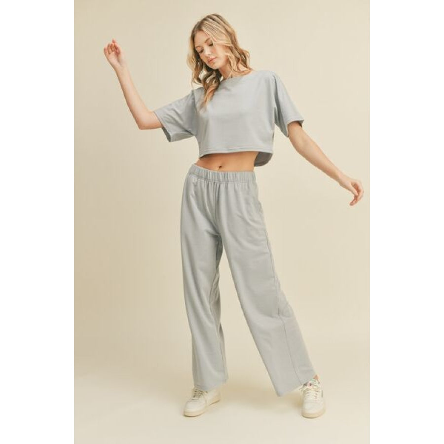 Kimberly C Full Size Short Sleeve Cropped Top and Wide Leg Pants Set BLUE / S Apparel and Accessories