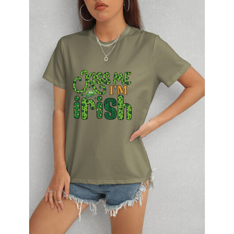 KISS ME I’M IRISH Round Neck T - Shirt Army Green / S Apparel and Accessories