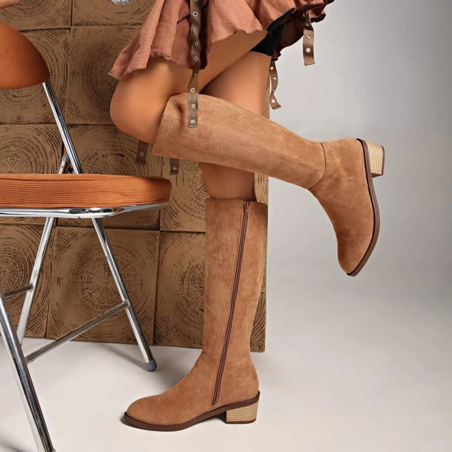 Knee-High Block Heel Boots Brown / 36 Apparel and Accessories