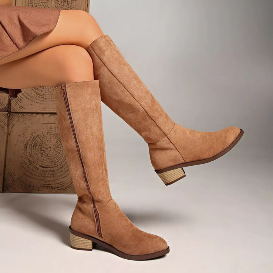 Knee-High Block Heel Boots Khaki / 36 Apparel and Accessories